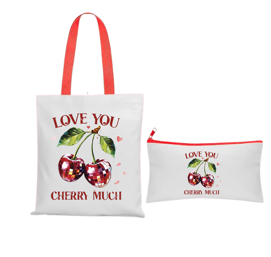 Love you cherry much tote bag and matching cosmetics bag
